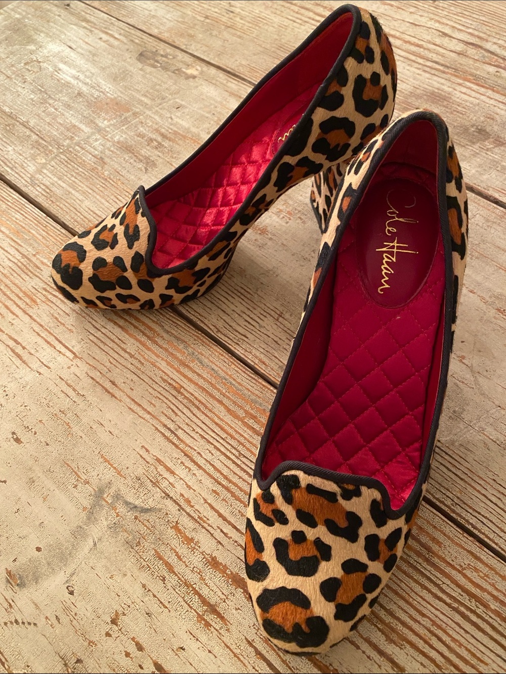 Cole Haan Leopard Print Fur Heels with Red Quilted Interior